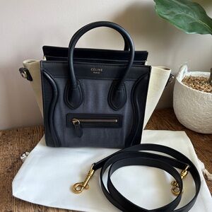 CELINE Luggage Tote Nano Two Way White and Navy